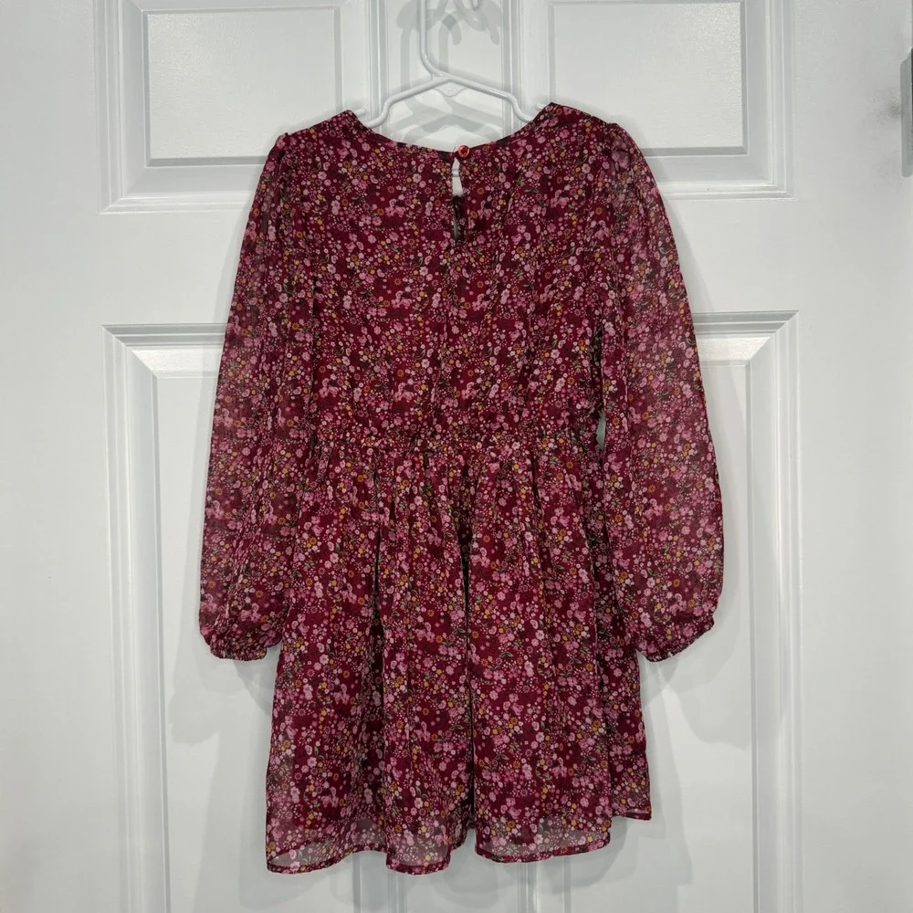 Little Lass Girls Burgundy Floral Chiffon Long‎ Sleeve Dress Size 6